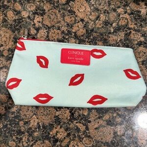 Kate Spade Clinique Lip Print Cosmetic Bag - Light Blue and Red
